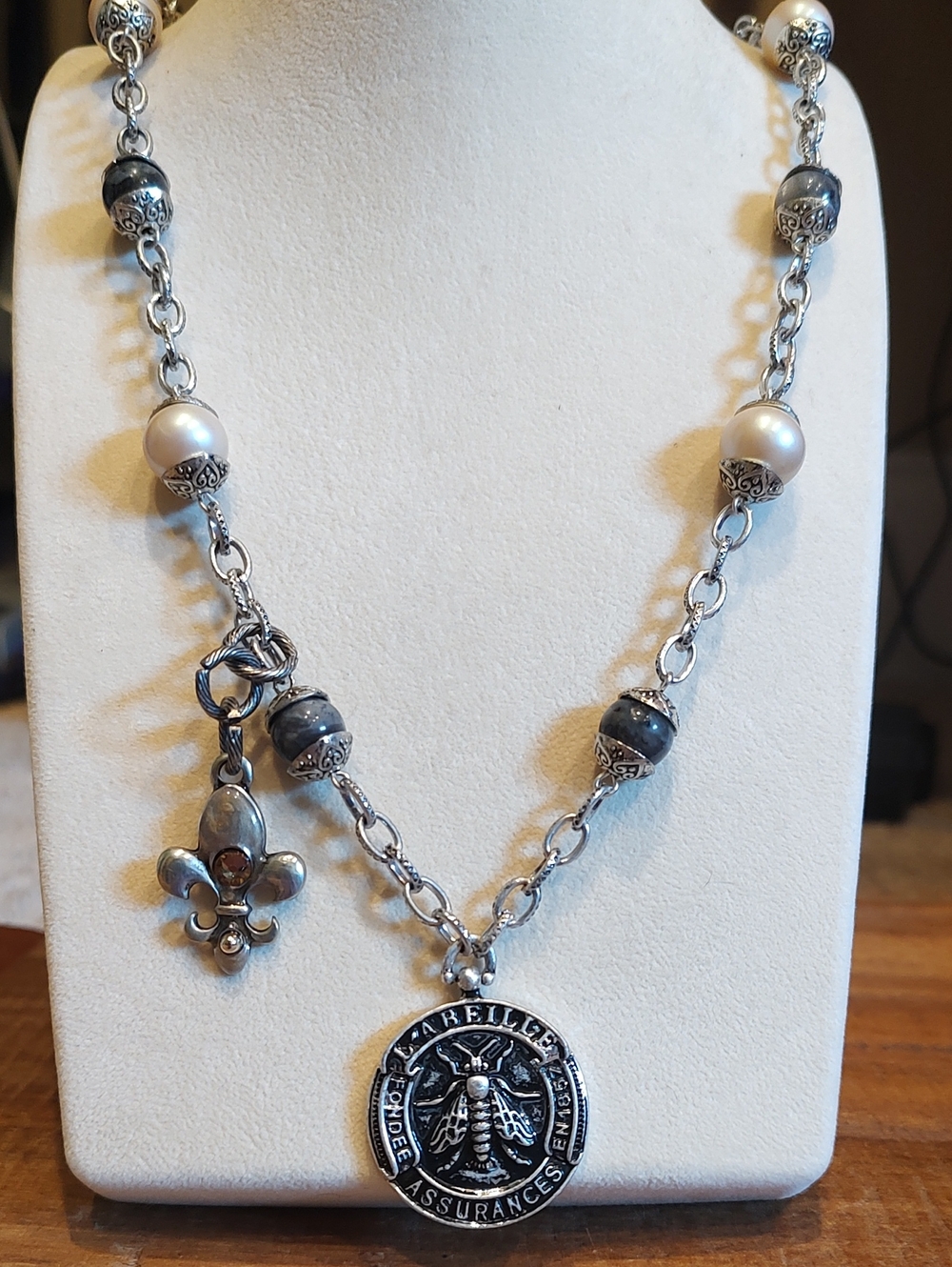 French Bee Pendant, Fleur-de-lis Charm Silver Necklace With Pearl And Larvikite
